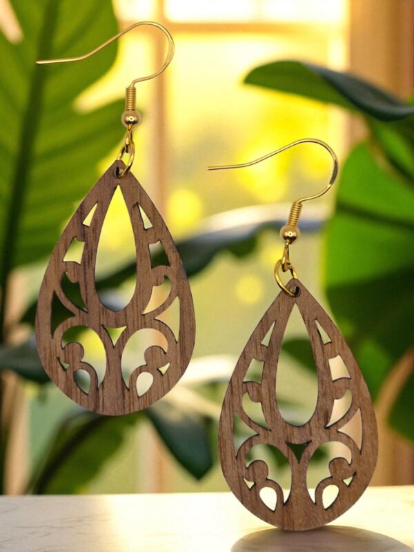 Vines Teardrop Natural Walnut Wood Dangle Earrings