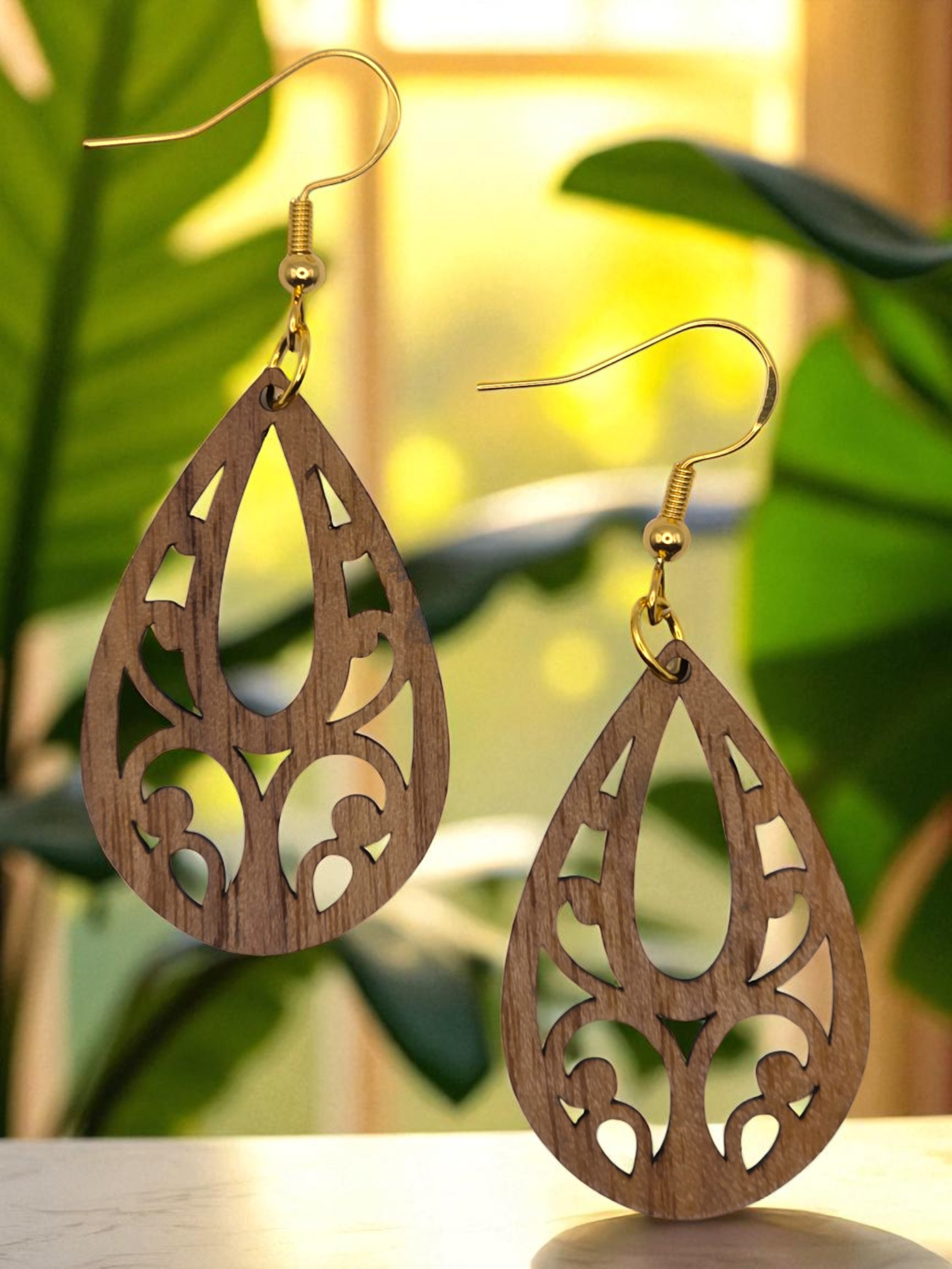 Vines Teardrop Natural Walnut Wood Dangle Earrings