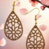 Floral Bloom Teardrop Natural Walnut Wood Dangle Earrings