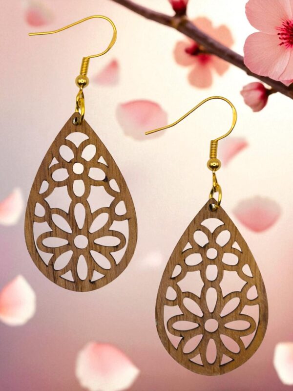 Floral Bloom Teardrop Natural Walnut Wood Dangle Earrings