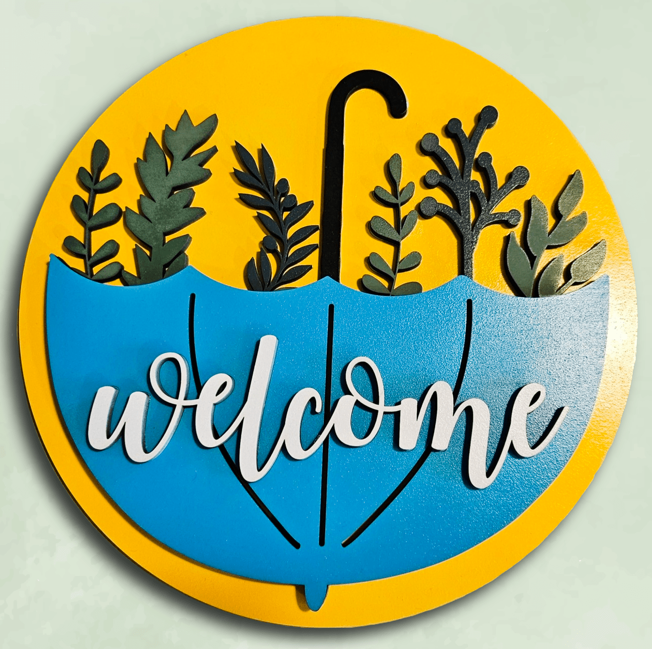 Rain or Shine Welcome: Layered Wooden Umbrella Door Hanger