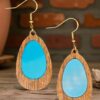 Oval Teal-Green-Red Inlay Natural Amazakoue Wood Dangle Earrings