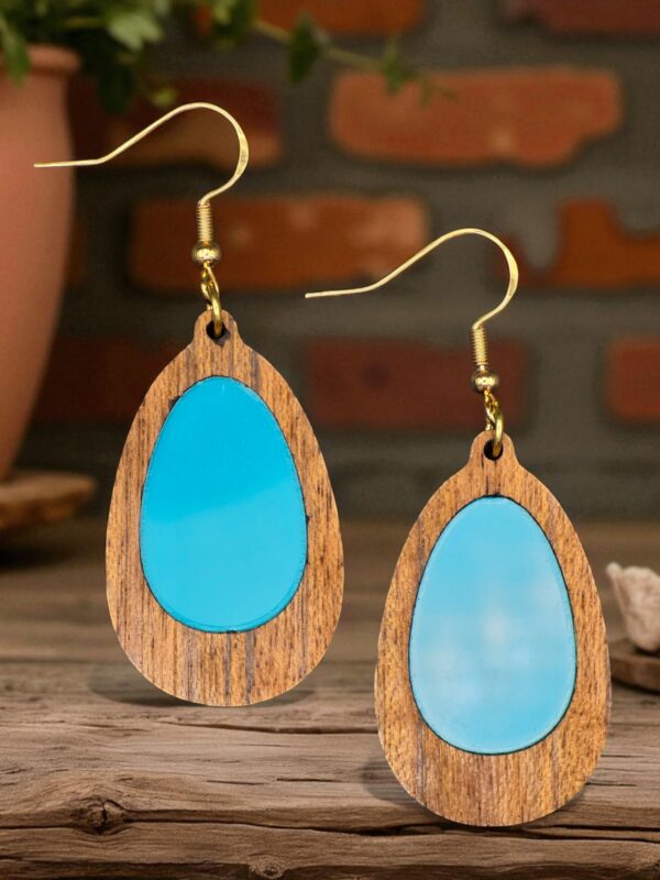 Oval Teal-Green-Red Inlay Natural Amazakoue Wood Dangle Earrings