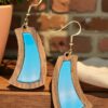 Curved Teal Inlay Natural Amazakoue Wood Dangle Earrings