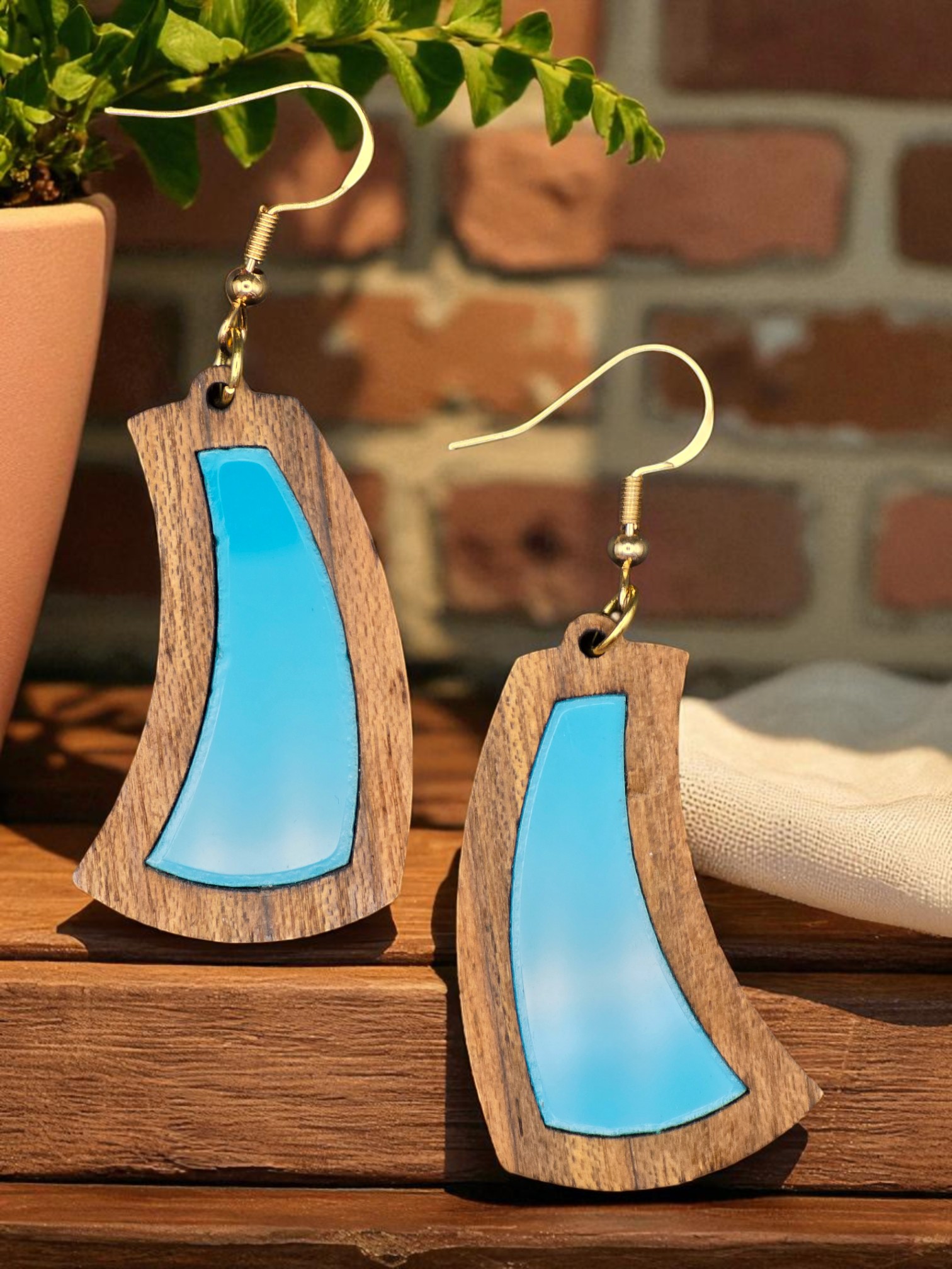 Curved Teal Inlay Natural Amazakoue Wood Dangle Earrings