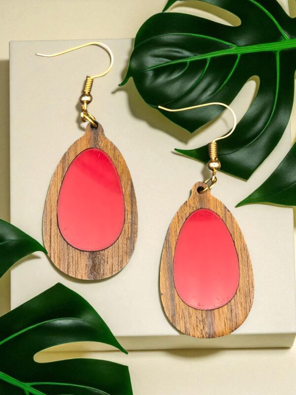 Oval Teal-Green-Red Inlay Natural Amazakoue Wood Dangle Earrings