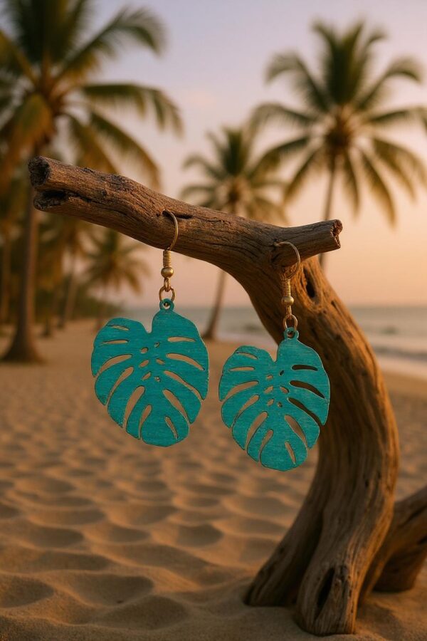 Monstera Leaf Hand Painted Green Wood Dangle Earrings