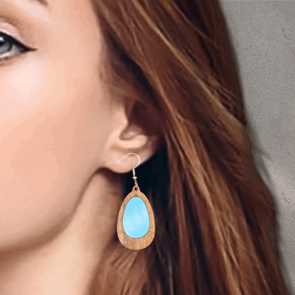 Oval Teal-Green-Red Inlay Natural Amazakoue Wood Dangle Earrings