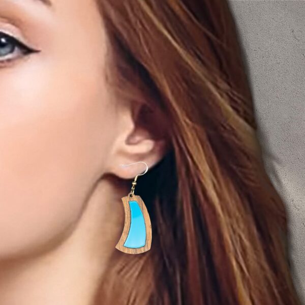 Curved Teal Inlay Natural Amazakoue Wood Dangle Earrings