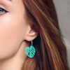 Monstera Leaf Hand Painted Green Wood Dangle Earrings