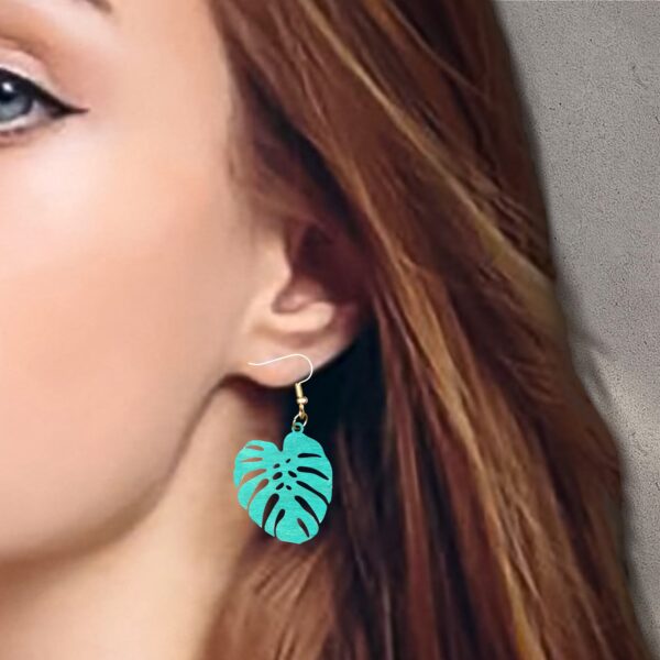 Monstera Leaf Hand Painted Green Wood Dangle Earrings
