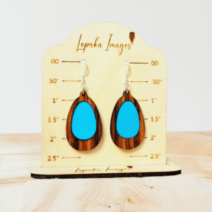 Oval Teal Inlay Natural Amazakoue Wood Dangle Earrings