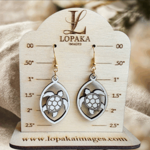 Sea Turtle Hawaiian Honu White Wood Dangle Earrings