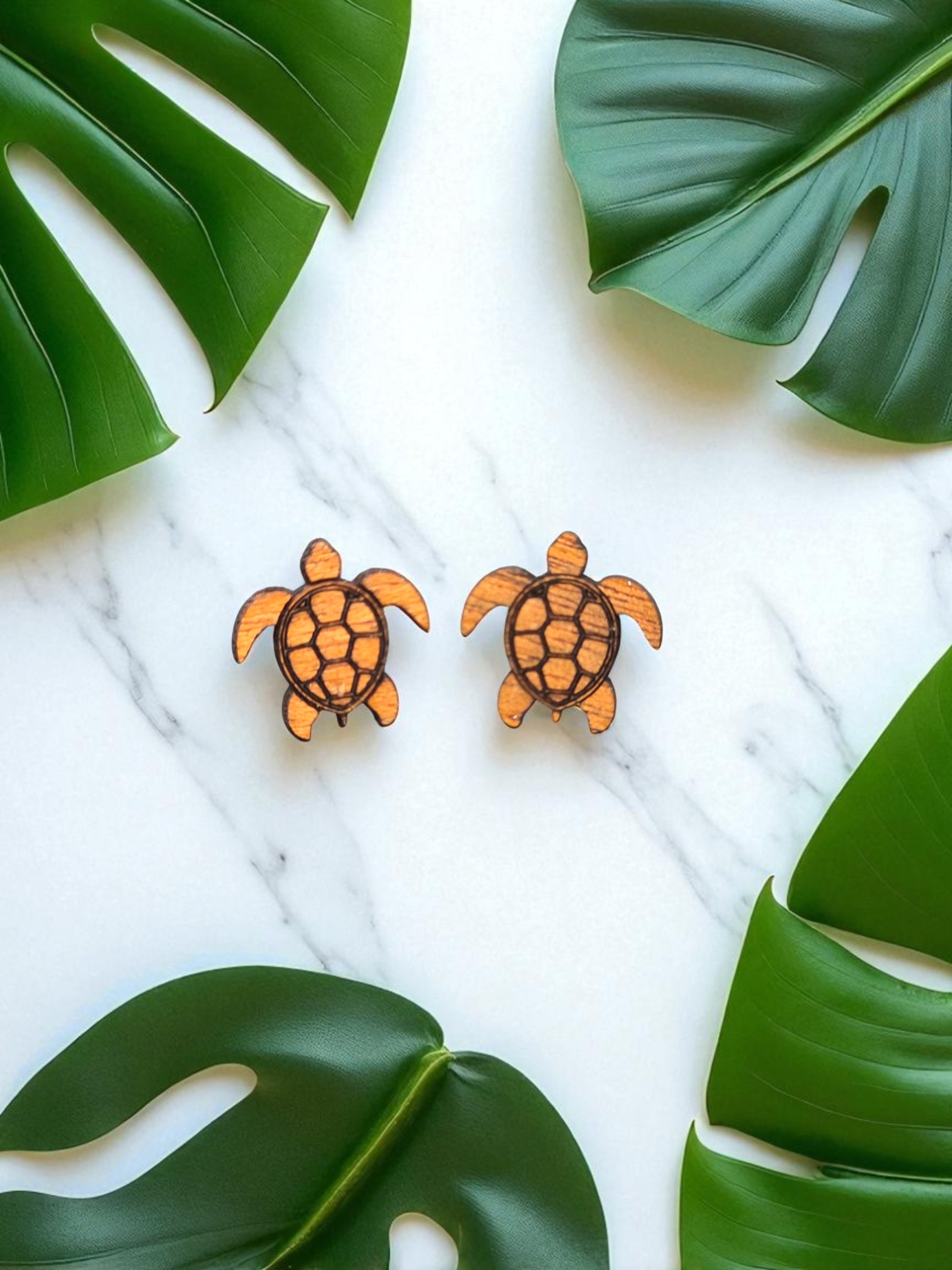 Hawaiian Honu Sea Turtle Natural Mahogany Wood Stud Earrings