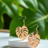 Monstera Leaf Natural Mahogany Wood Dangle Earrings