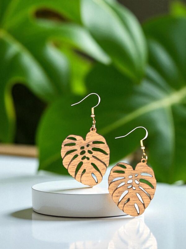 Monstera Leaf Natural Mahogany Wood Dangle Earrings