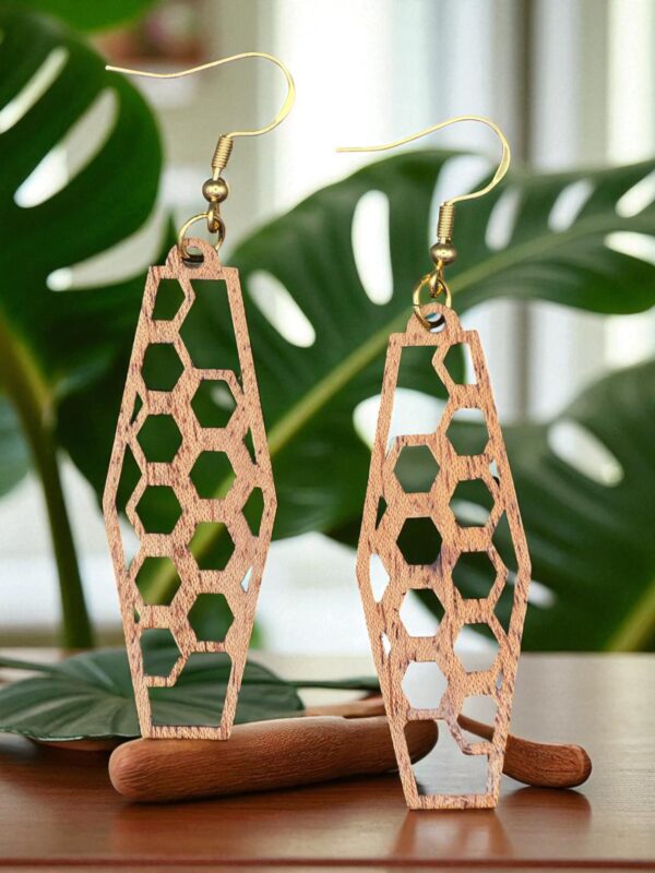 Honeycomb Natural Mahogany Wood Dangle Earrings