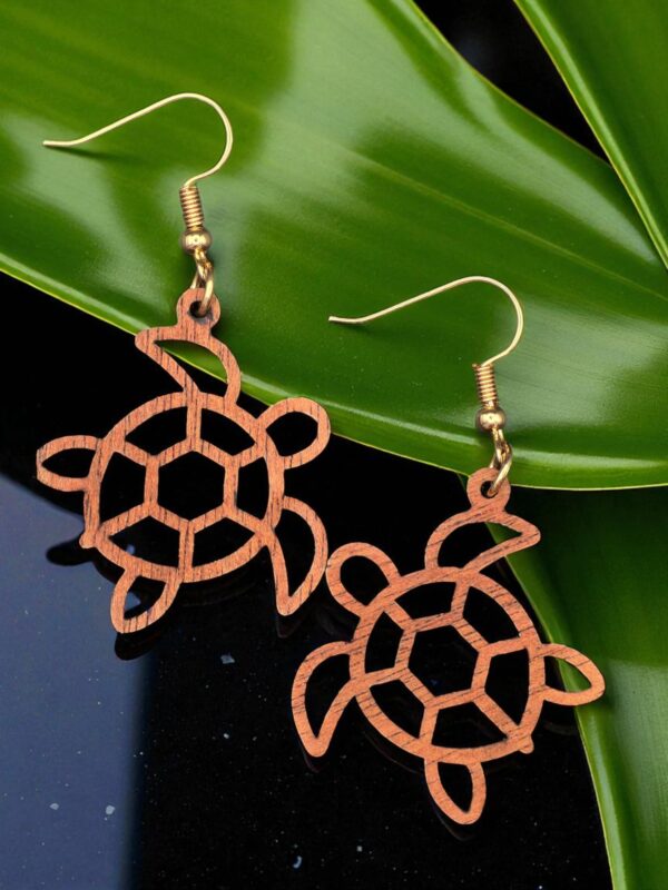 Hawaiian Honu Sea Turtle Outline Natural Mahogany Wood Turtle Dangle Earrings