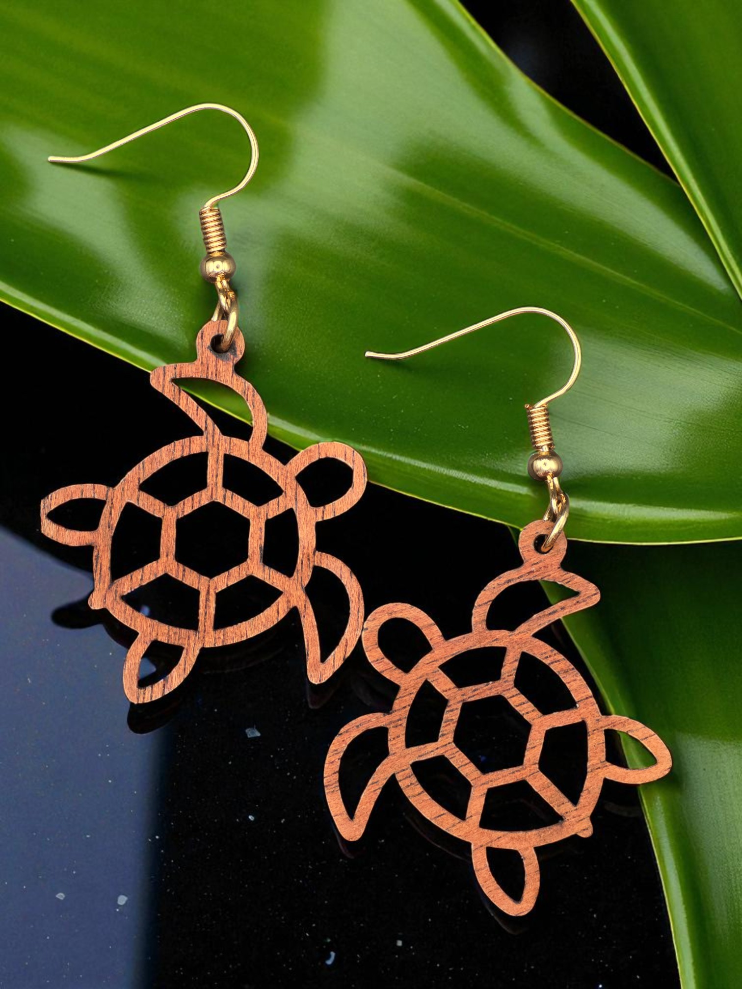 Hawaiian Honu Sea Turtle Outline Natural Mahogany Wood Turtle Dangle Earrings