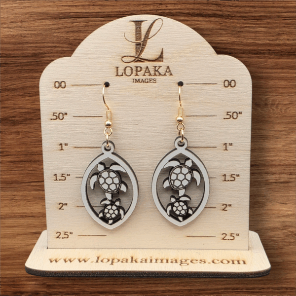 Hawaiian Honu Mom & Baby Sea Turtle White Wood Dangle Earrings