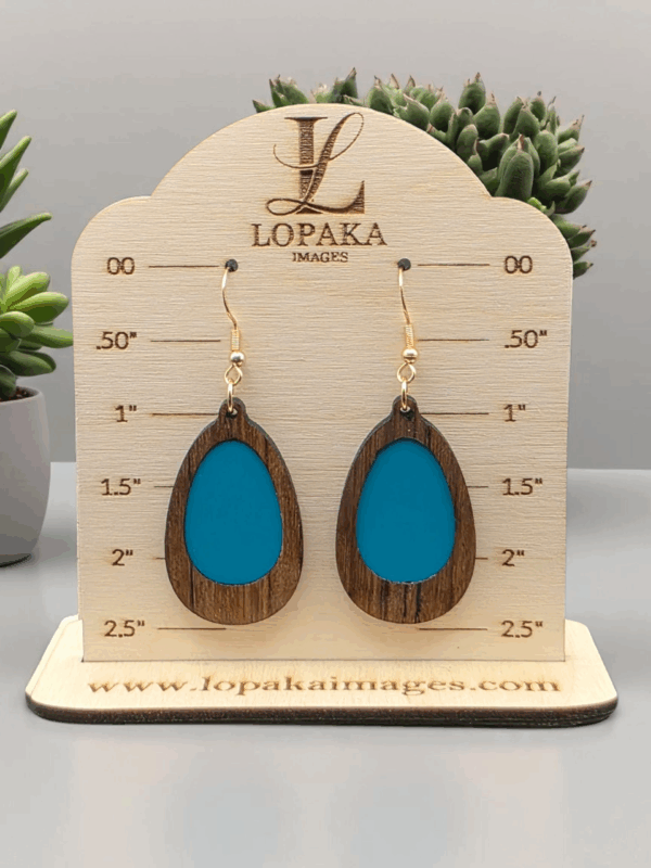 Oval Teal-Green-Red Inlay Natural Amazakoue Wood Dangle Earrings