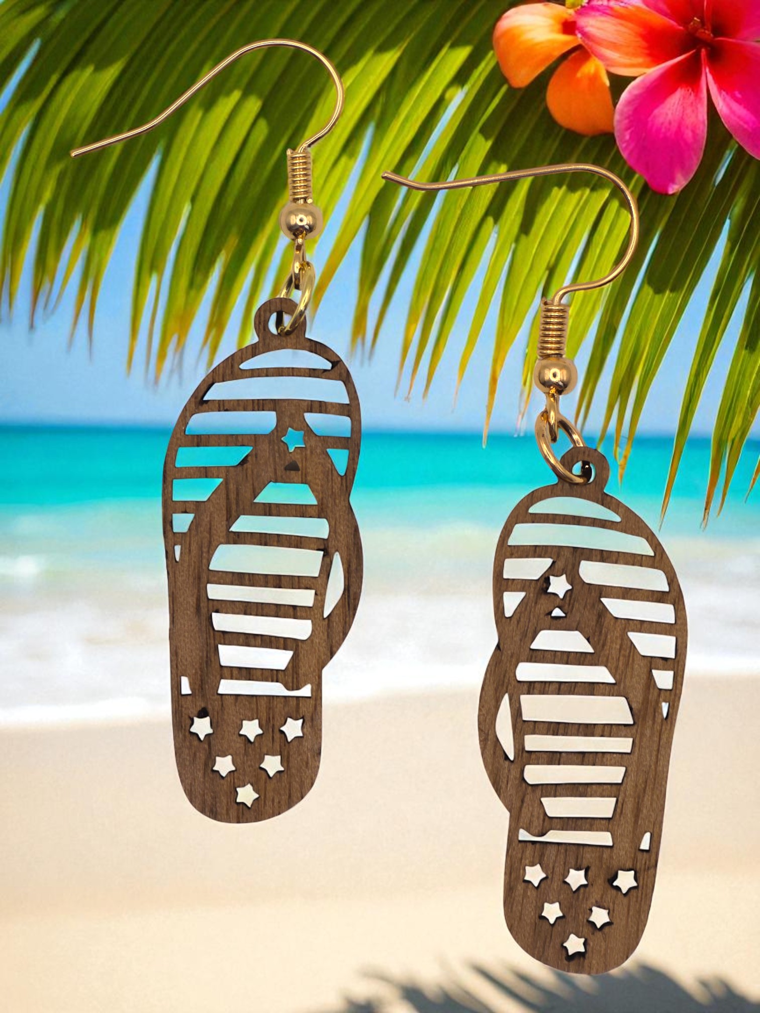 Slipper Natural Walnut Wood Dangle Earrings