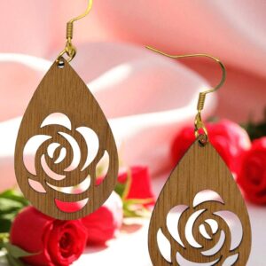 Blooming Roses Teardrop Natural Walnut Wood Dangle Earrings