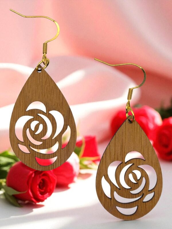 Blooming Roses Teardrop Natural Walnut Wood Dangle Earrings