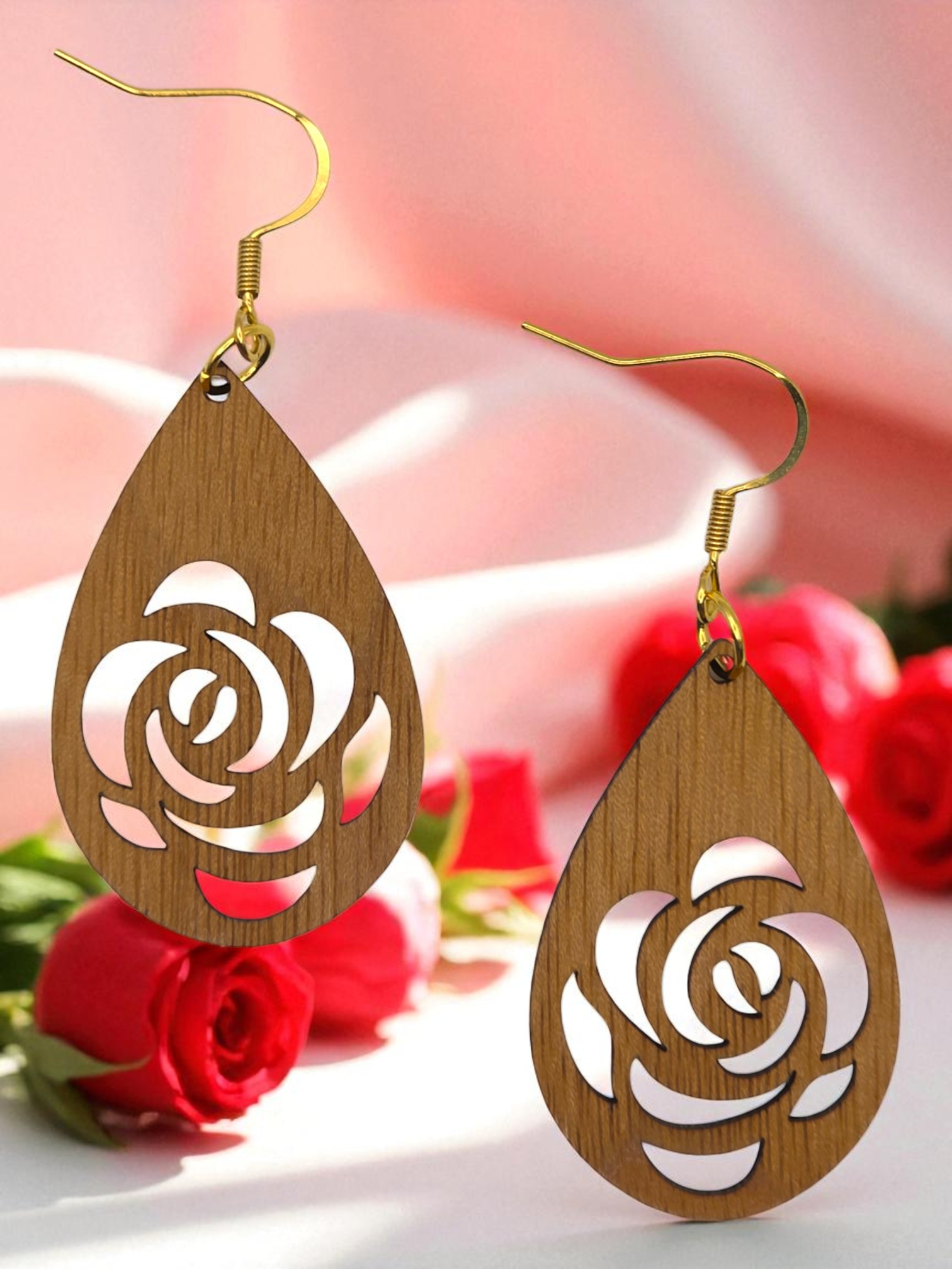 Blooming Roses Teardrop Natural Walnut Wood Dangle Earrings