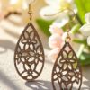 Star Flower Pattern Natural Walnut Wood Dangle Earrings