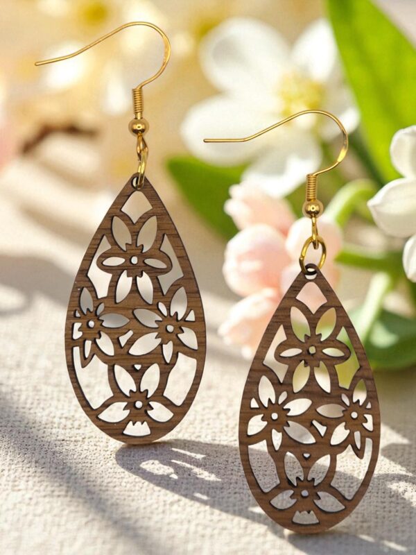 Star Flower Pattern Natural Walnut Wood Dangle Earrings