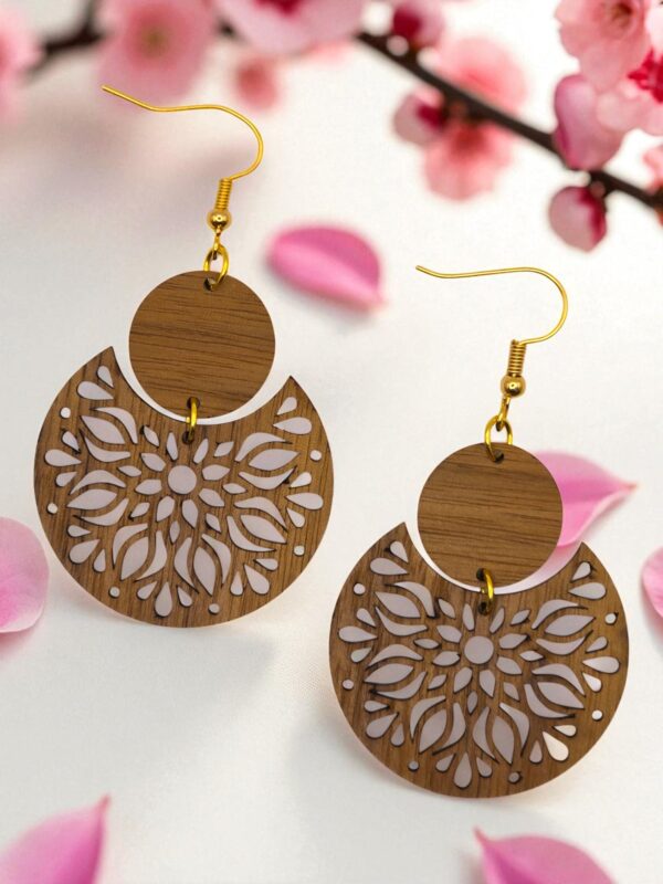 Two pcs. Round Flower Pattern Natural Walnut Wood Dangle Earrings