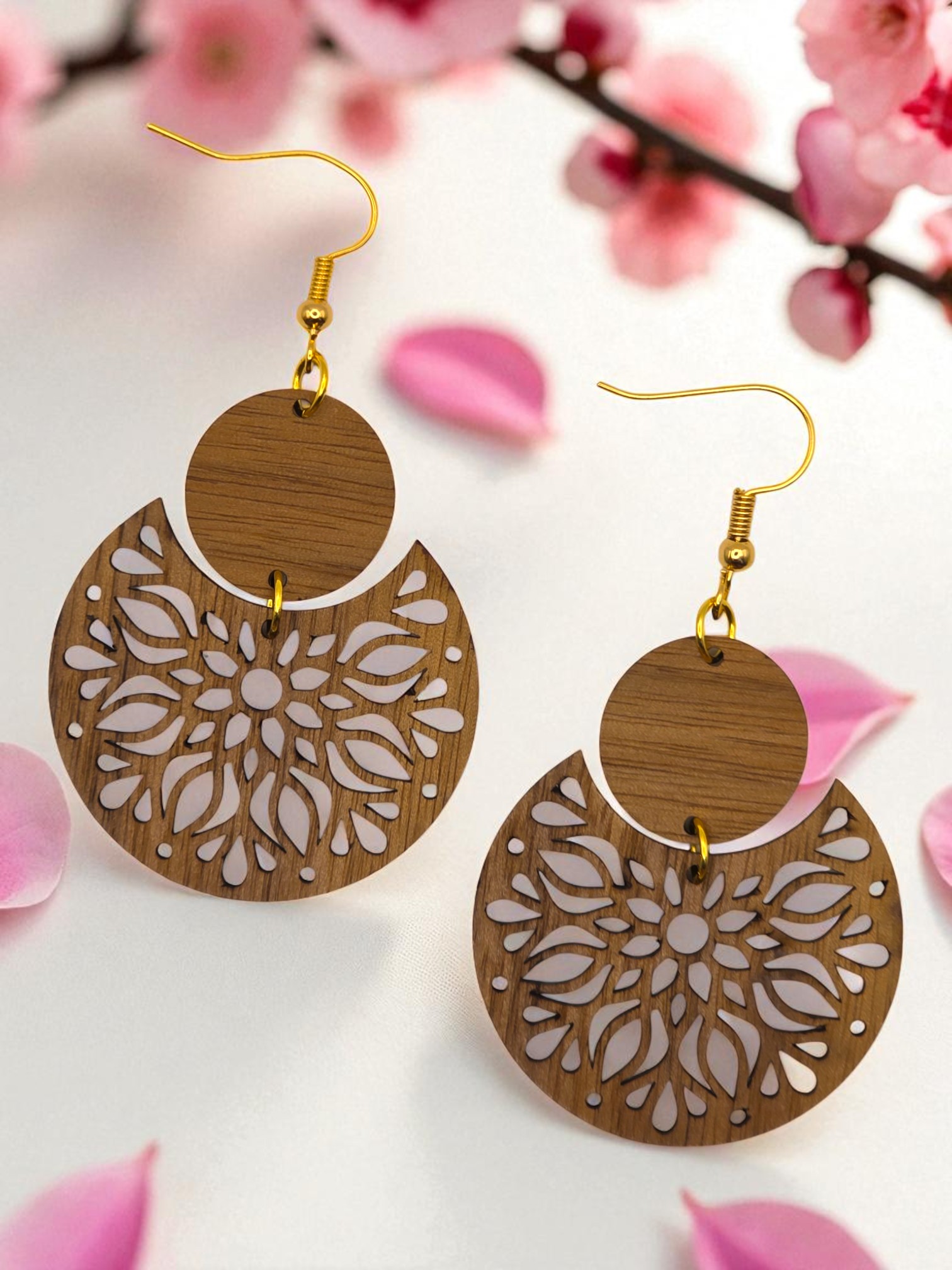 Two pcs. Round Flower Pattern Natural Walnut Wood Dangle Earrings