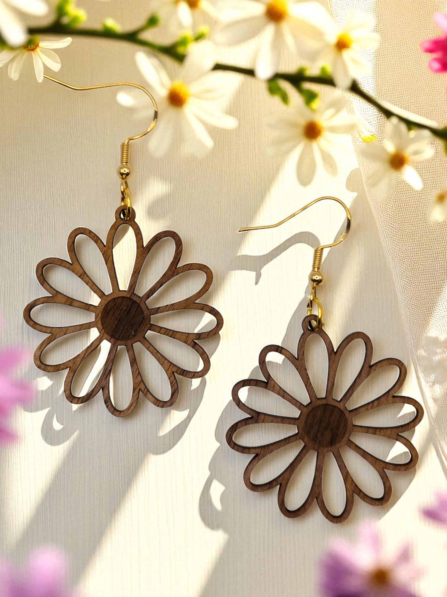 Walnut Daisy Dangle Earrings