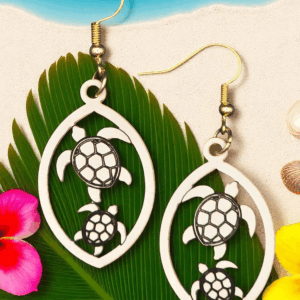 Hawaiian Honu Mom & Baby Sea Turtle White Wood Dangle Earrings