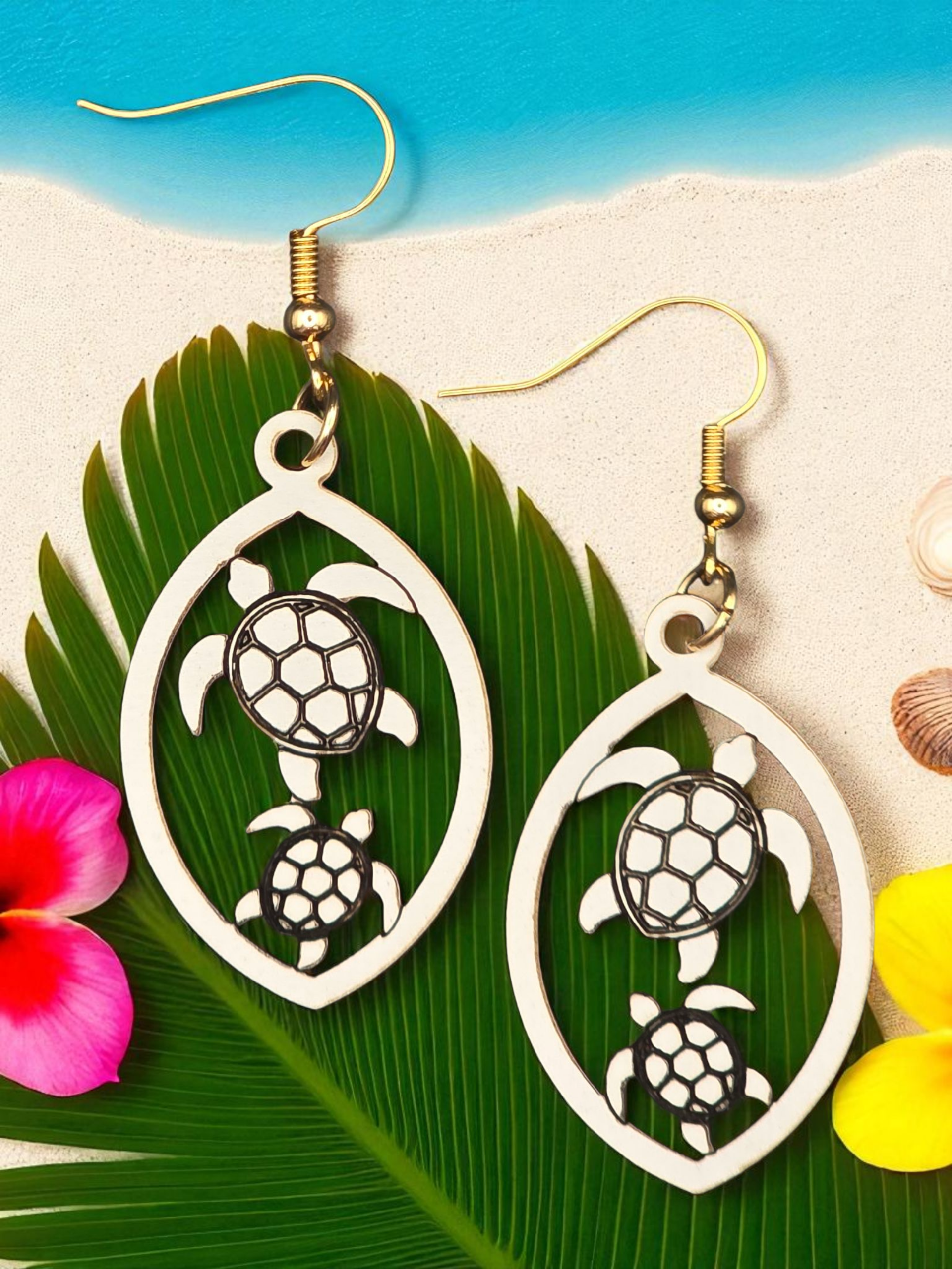 Hawaiian Honu Mom & Baby Sea Turtle White Wood Dangle Earrings