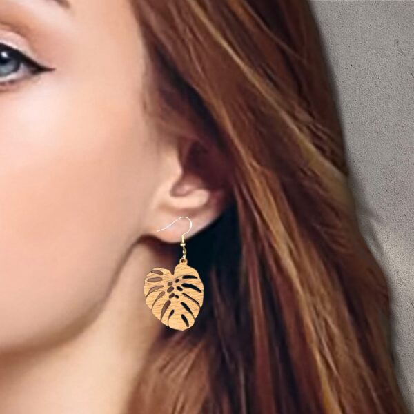 Monstera Leaf Natural Mahogany Wood Dangle Earrings