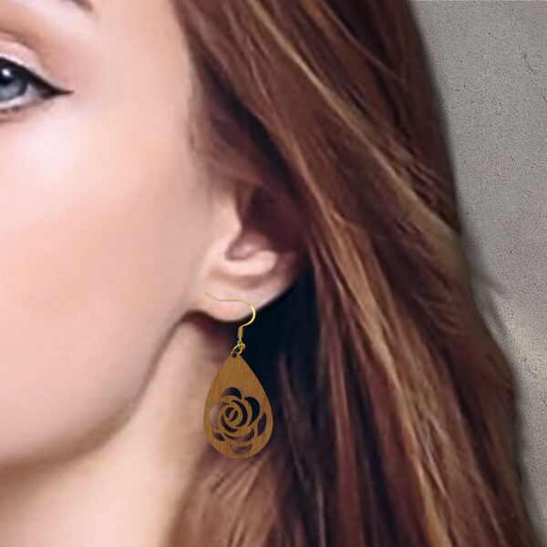 Blooming Roses Teardrop Natural Walnut Wood Dangle Earrings