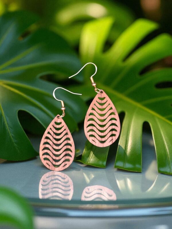 Wave Teardrop Natural Walnut Wood Dangle Earrings