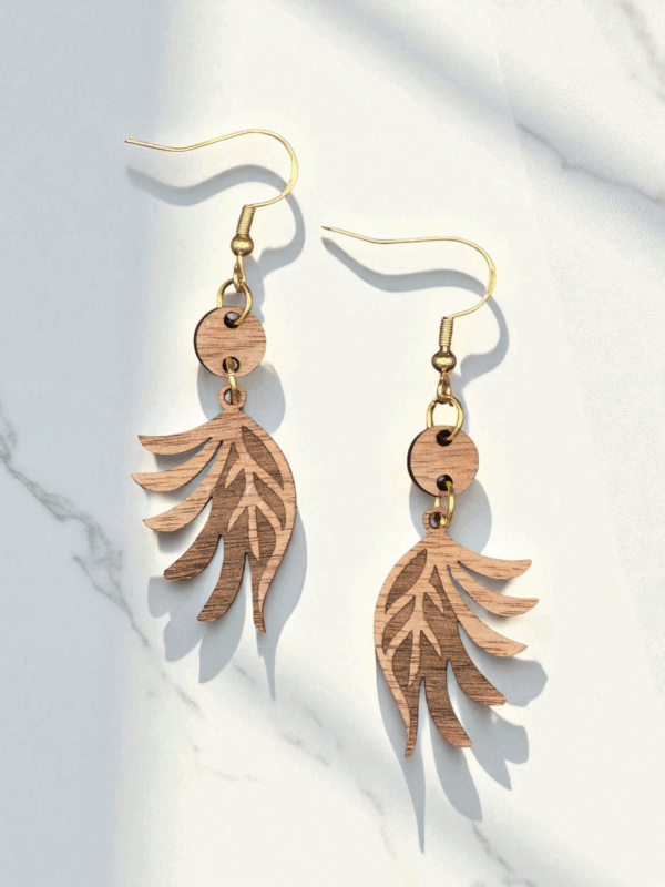 Dangle Walnut Wood Leaf Earrings with Bead Accent