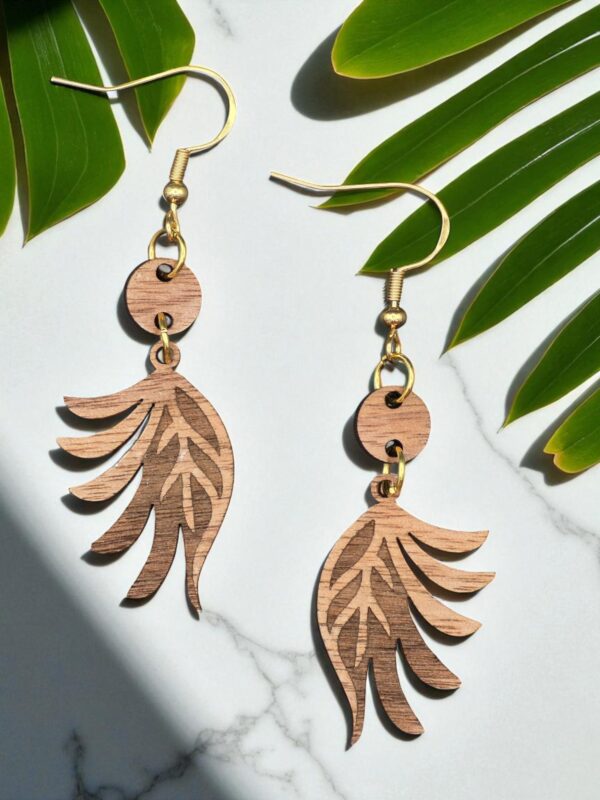 Dangle Walnut Wood Leaf Earrings with Bead Accent
