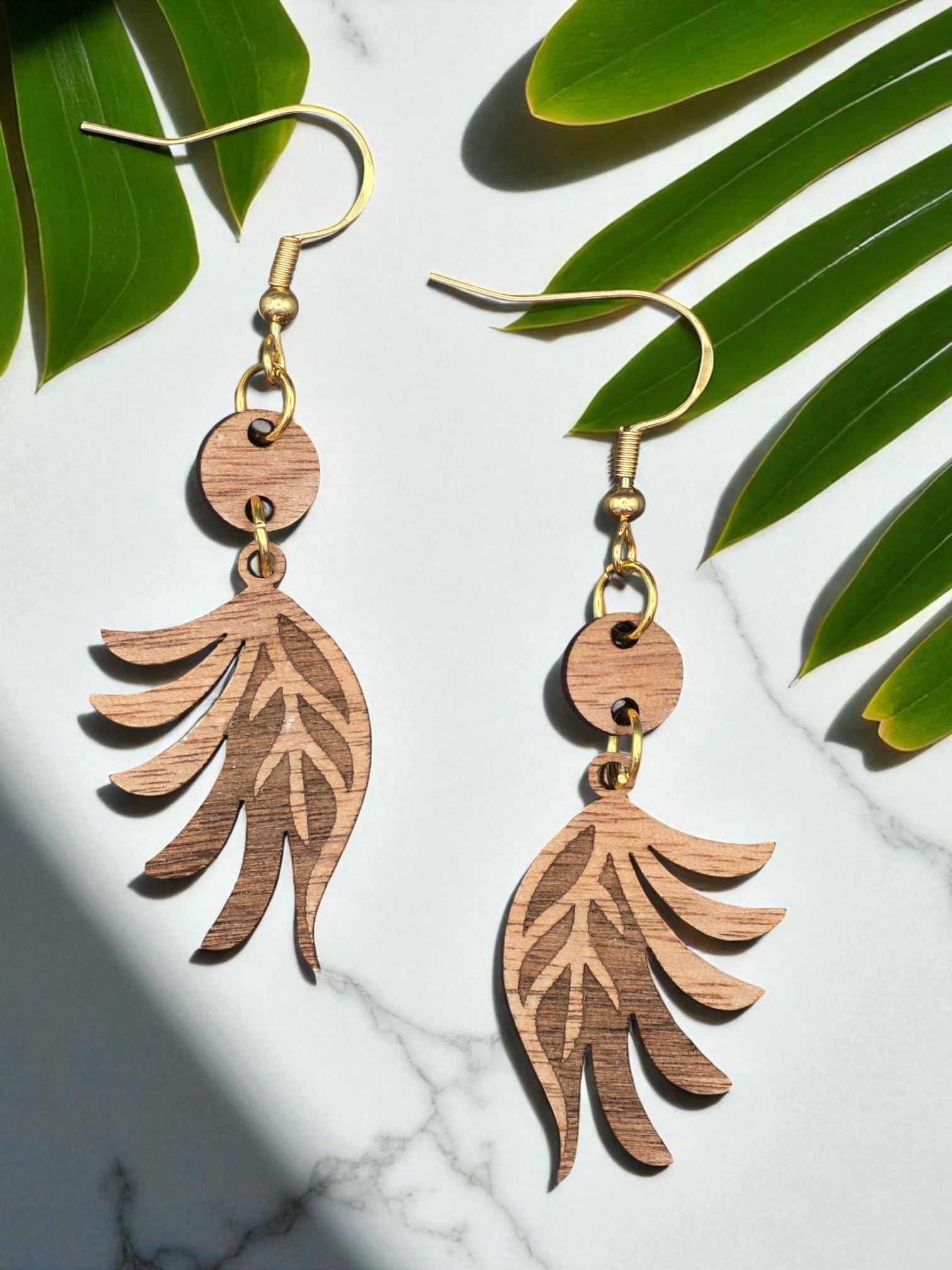 Dangle Walnut Wood Leaf Earrings with Bead Accent
