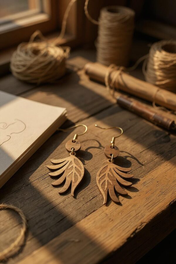 Dangle Walnut Wood Leaf Earrings with Bead Accent