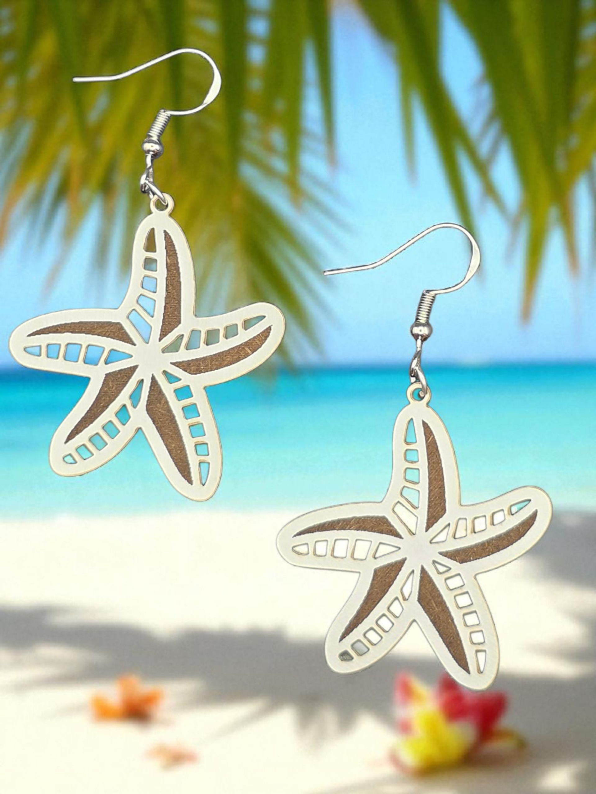 White Starfish Wood Earrings