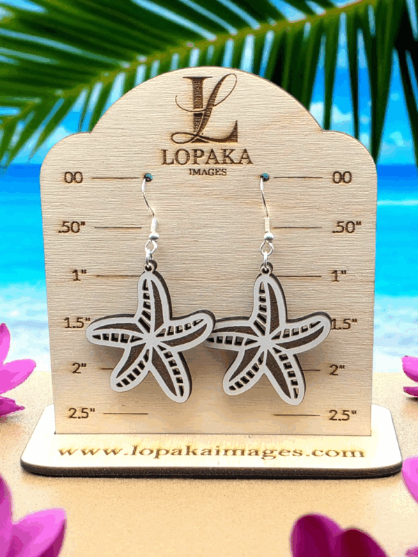 White Starfish Wood Earrings Display
