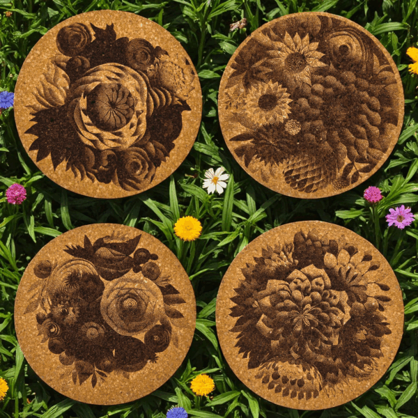 Laser engraved Flower cork coaster set