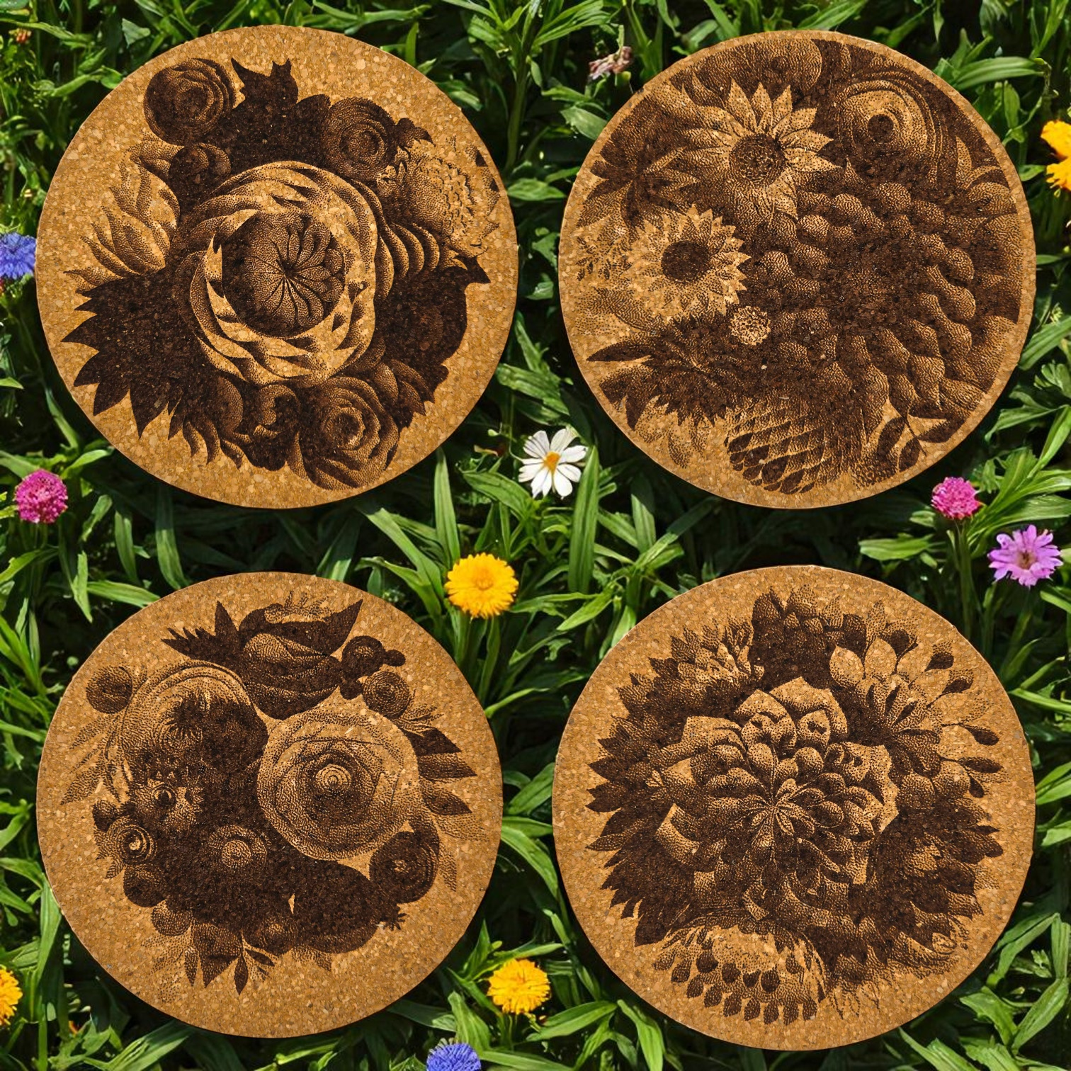 Laser engraved Flower cork coaster set