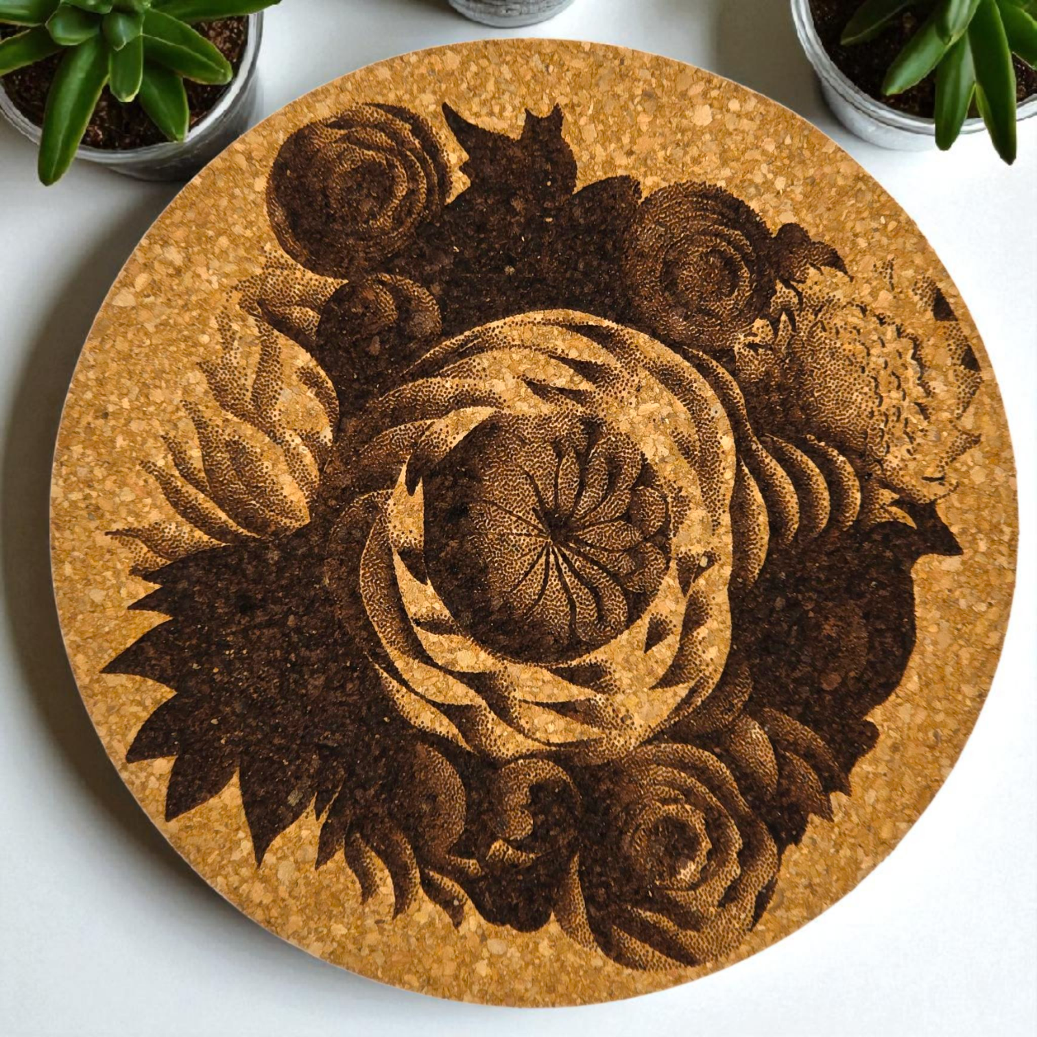 Laser engraved cork coaster Flowers