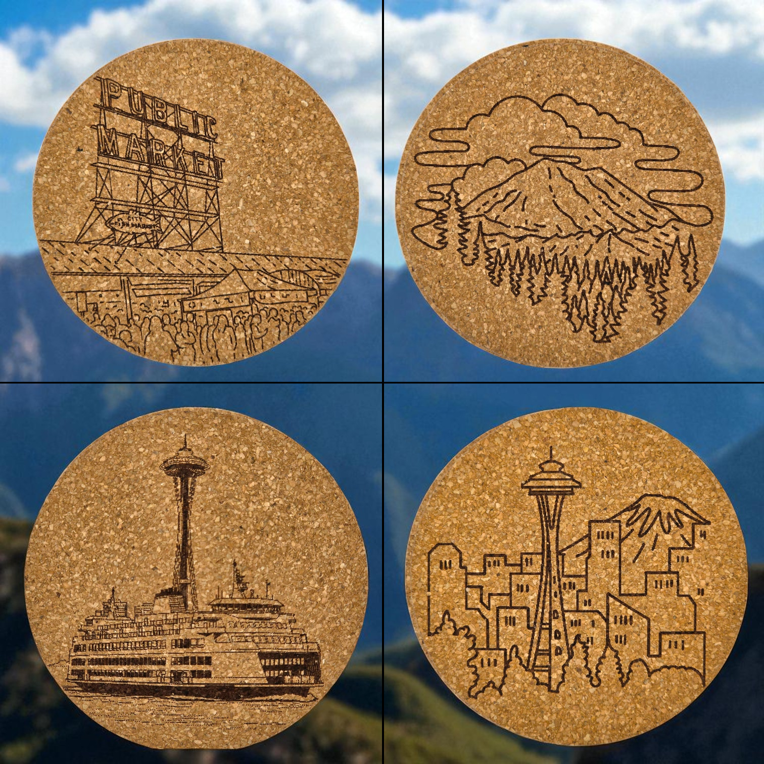 Laser engraved Seattle cork coaster set