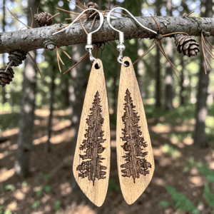 Close-up of Laser Engraved Tall Pine Tree Wood Dangle Earrings